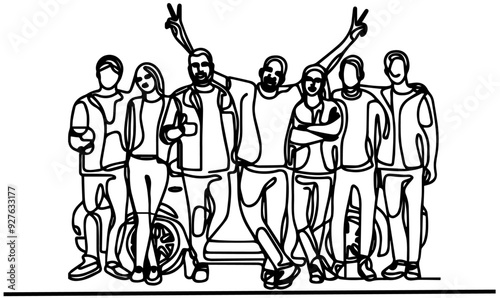 Single continuous line drawing about group of men and woman from multi ethnic standing in front of car to show their friendship bonding. single line art vector illustration