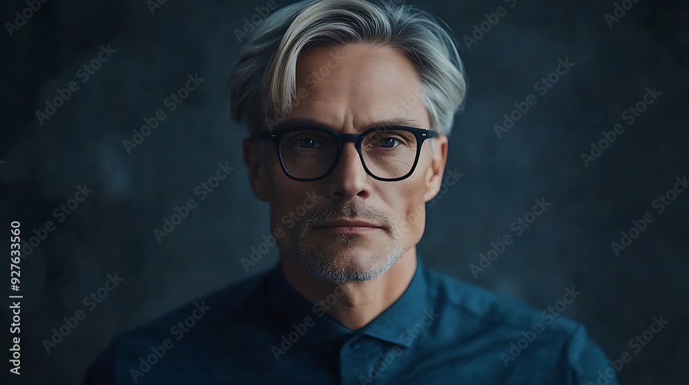 Obraz premium A distinguished middle-aged Caucasian man with silver hair and glasses, exuding a thoughtful demeanor against a dark background, dressed in a smart collared shirt.
