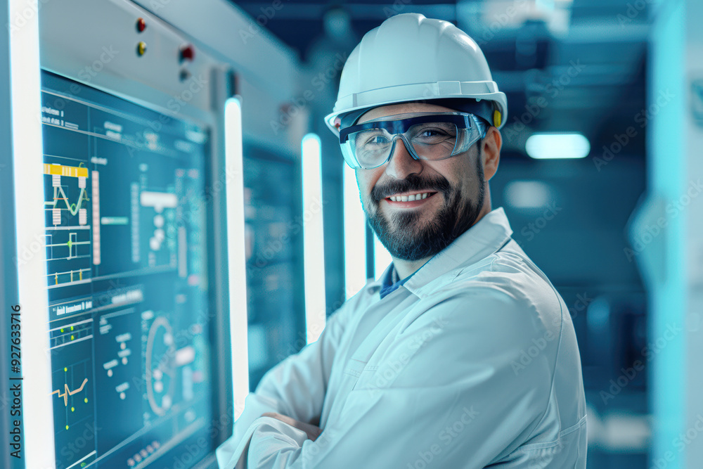 Smiling Male Engineer in Neon Cyber Uniform, High-Tech Design Portrait with Digital Art Vibe Smiling Male Engineer in Neon Cyber Uniform, High-Tech Design Portrait with Digital Art Vibe
