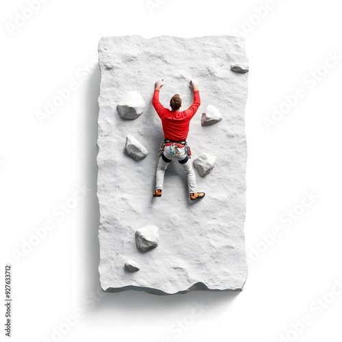 A man in a red shirt climbs a white rock face. The view is from above, showing his determined climb. photo