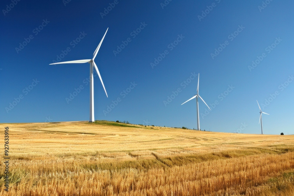 Wind turbines in a golden wheat field under a clear blue sky Wind turbines in a golden wheat field under a clear blue sky