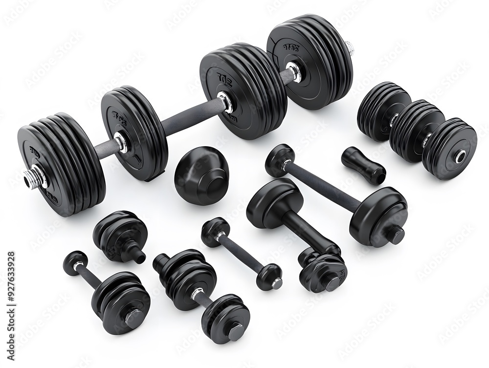 A set of black dumbbells of various weights arranged on a white background.
