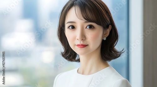 A young Asian woman with a sophisticated bob hairstyle poses elegantly by a window, wearing a chic white outfit, exuding confidence and grace in a modern urban setting.