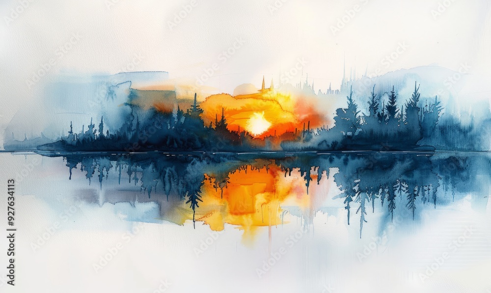 Fototapeta premium Watercolor abstract twilight reflections on white.