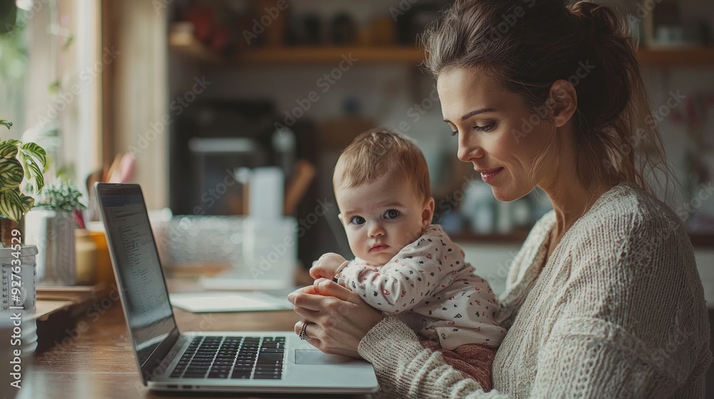 A working parent is seen balancing multiple activities such as typing on a laptop while holding a baby and cooking in the kitchen. The multitasking highlights the struggle of managing career and A working parent is seen balancing multiple activities such as typing on a laptop while holding a baby and cooking in the kitchen. The multitasking highlights the struggle of managing career and