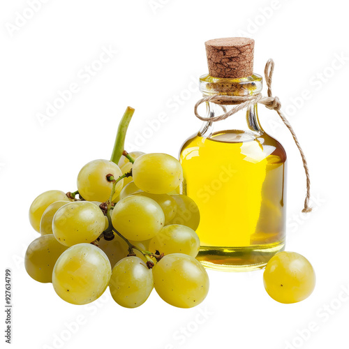 Bottle of Grapeseed Oil Beside Fresh Green Grapes Cluster.