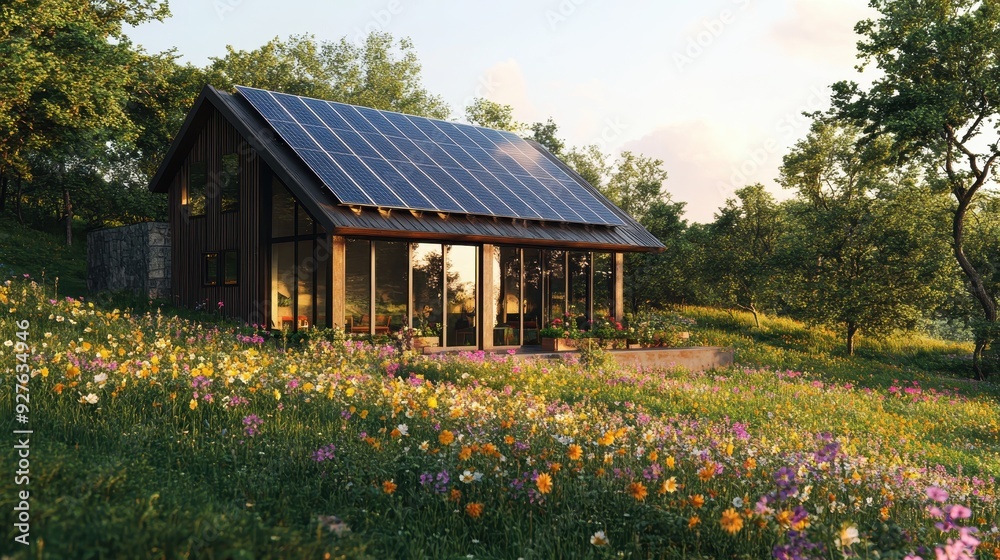 Modern Eco-Friendly Cabin with Solar Panels and Wildflower Meadow Modern Eco-Friendly Cabin with Solar Panels and Wildflower Meadow