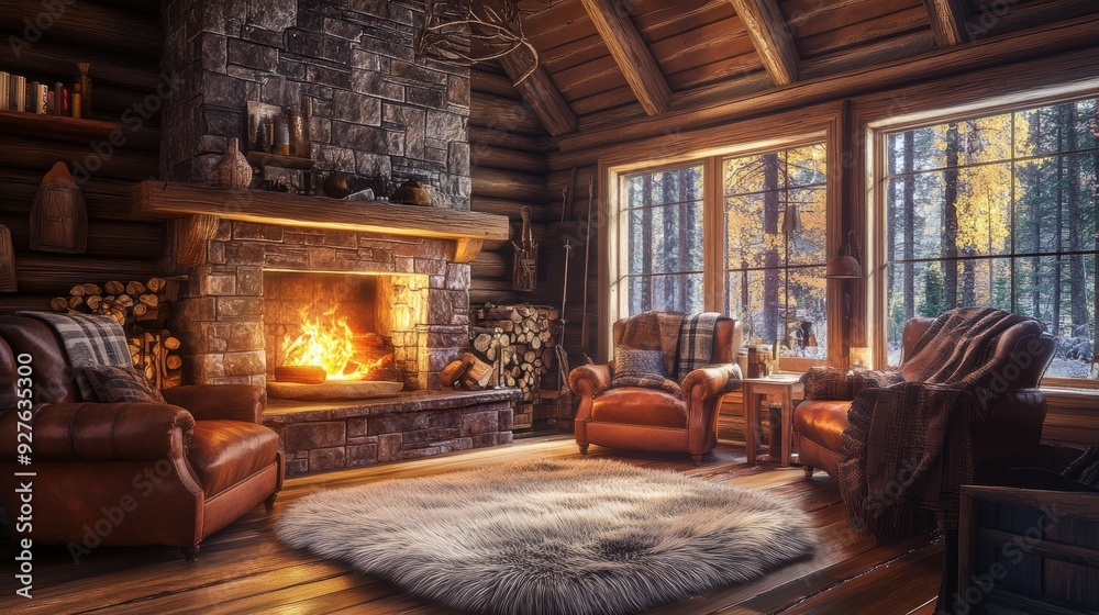 Obraz premium Cozy Log Cabin Interior with Fireplace, Leather Armchairs, and Autumn Forest View