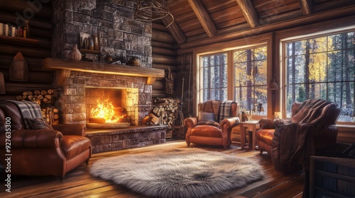 Cozy Log Cabin Interior with Fireplace, Leather Armchairs, and Autumn Forest View