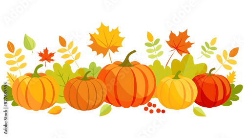 Horizontal seamless background with pumpkins and autumn leaves on a white background. Horizontal seamless background with pumpkins and autumn leaves.