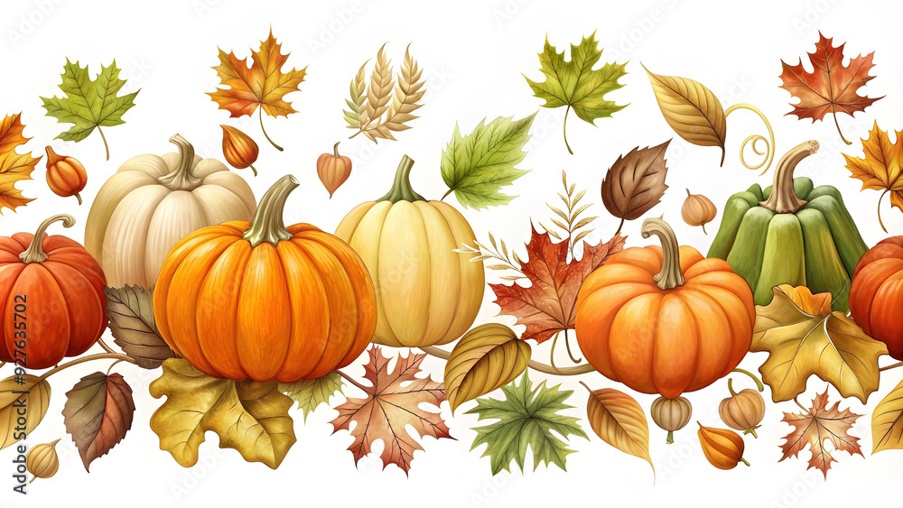 Horizontal seamless background with pumpkins and autumn leaves on a white background. Horizontal seamless background with pumpkins and autumn leaves. Horizontal seamless background with pumpkins and autumn leaves on a white background. Horizontal seamless background with pumpkins and autumn leaves.