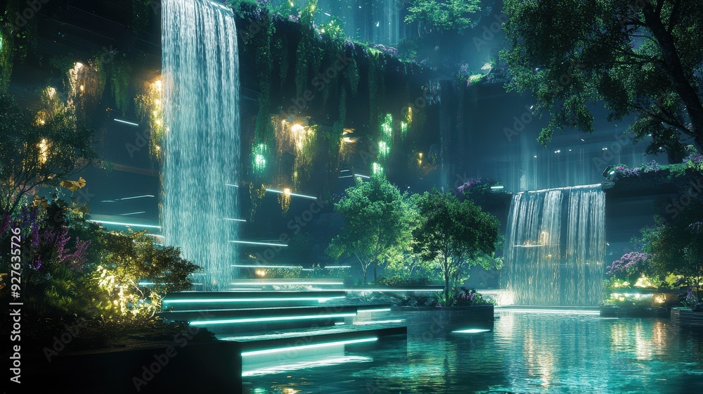 Futuristic City Oasis with Cascading Waterfalls and Neon Lights. Futuristic City Oasis with Cascading Waterfalls and Neon Lights.
