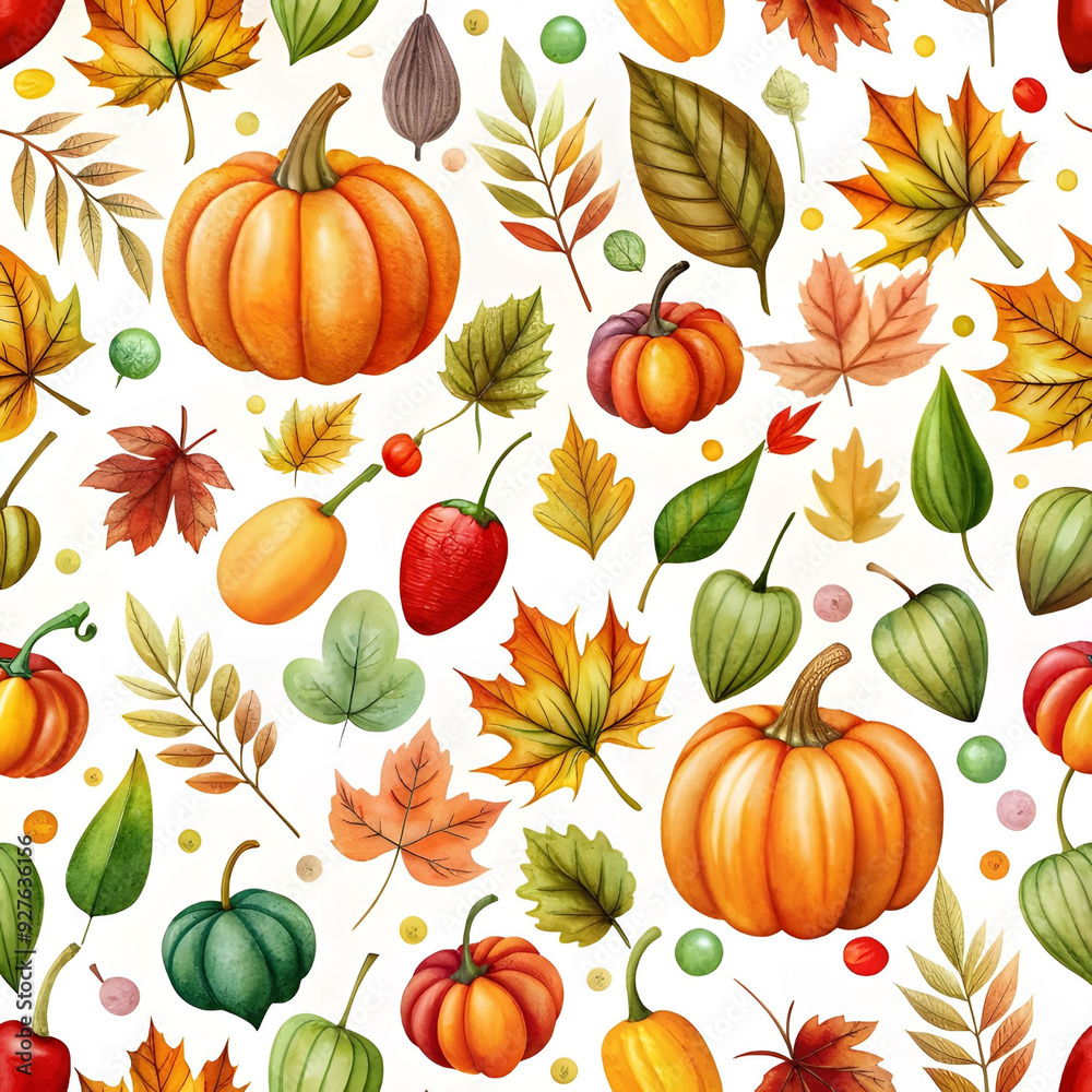 Colorful autumn natural seamless pattern with fall leaves, fruits, pumpkins, and leafs. Seamless autumn background Colorful autumn natural seamless pattern with fall leaves, fruits, pumpkins, and leafs. Seamless autumn background