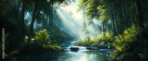 Sunlight streaming through a lush green forest, illuminating a tranquil river with a small waterfall.
