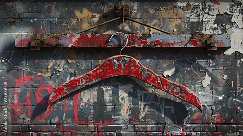 Red Coat Hanger on a Weathered Wall. photo