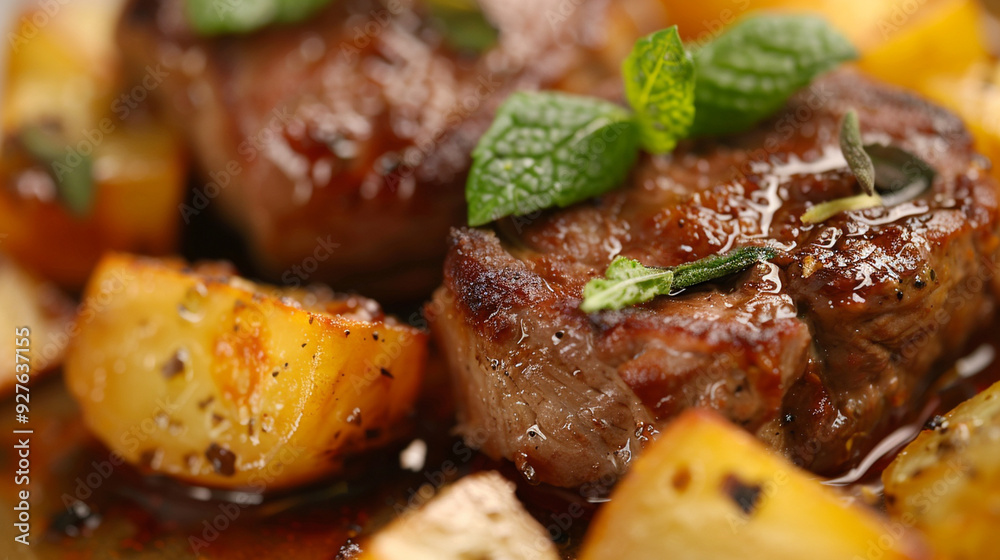 A close-up of a juicy lamb chop, seared to perfection, served with a side of mint jelly and roasted potatoes A close-up of a juicy lamb chop, seared to perfection, served with a side of mint jelly and roasted potatoes