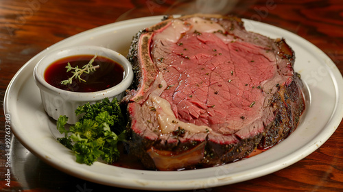A thick slice of prime rib, with a pink, juicy center and a crust of savory herbs, accompanied by a side of au jus