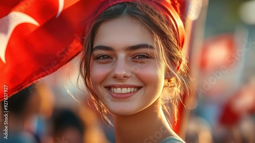 Smiling woman wearing Turkish flag on head during National Day in Istanbul