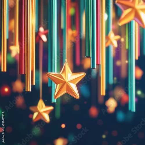 Golden stars hanging gracefully in the air with shimmering light trails, representing success and growth, floating above a collection of abstract colorful bars