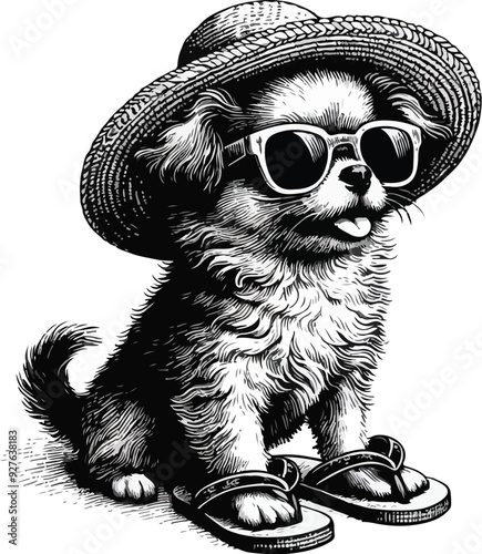 Engraving of a dog ready to go out in the sun with flip-flops, hat and sunglasses