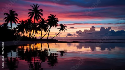 Tropical Paradise with Silhouetted Palm Trees, Vibrant Sunset, and Serene Ocean Reflection at Twilight