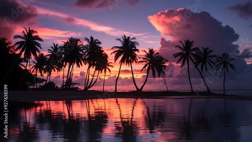 Tropical Paradise with Silhouetted Palm Trees, Vibrant Sunset, and Serene Ocean Reflection at Twilight