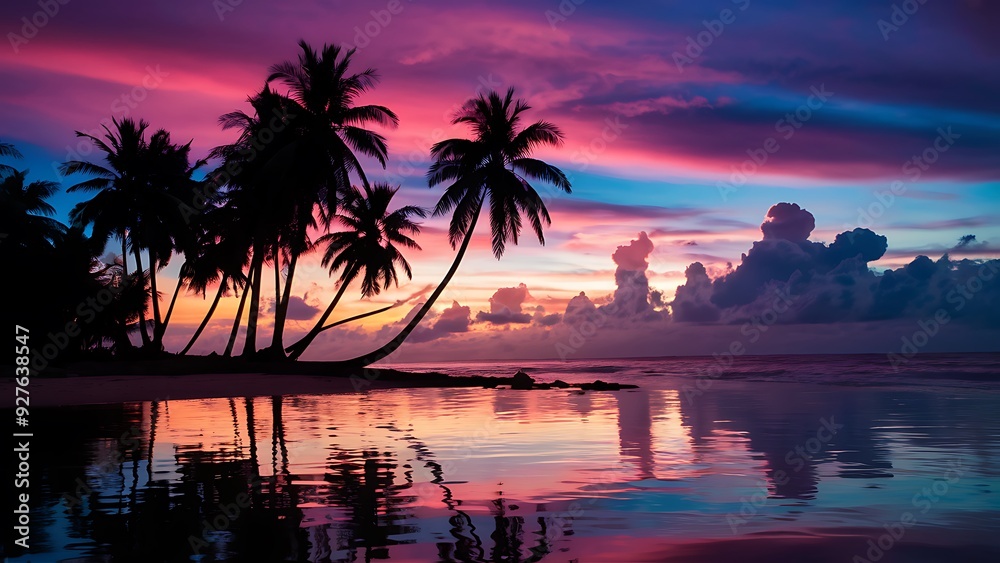 Tropical Paradise with Silhouetted Palm Trees, Vibrant Sunset, and Serene Ocean Reflection at Twilight Tropical Paradise with Silhouetted Palm Trees, Vibrant Sunset, and Serene Ocean Reflection at Twilight