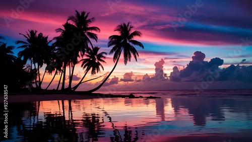Tropical Paradise with Silhouetted Palm Trees, Vibrant Sunset, and Serene Ocean Reflection at Twilight