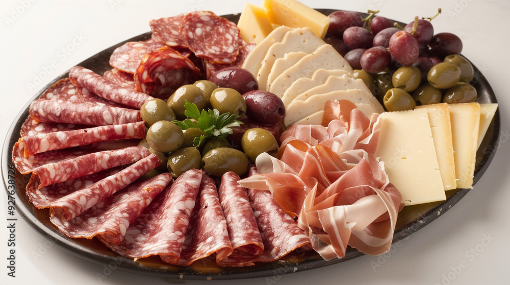 A platter of assorted charcuterie, featuring slices of prosciutto, salami, and chorizo, alongside olives and cheese A platter of assorted charcuterie, featuring slices of prosciutto, salami, and chorizo, alongside olives and cheese