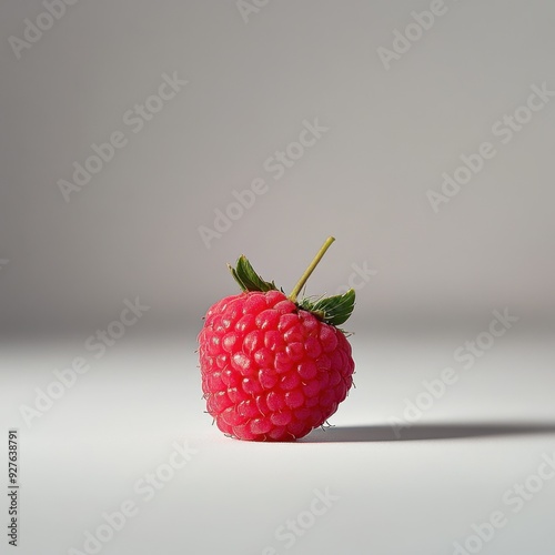 A vibrant raspberry on a minimalist white background with dramatic lighting, creating a sharp contrast that highlights the berry s natural texture and beauty photo