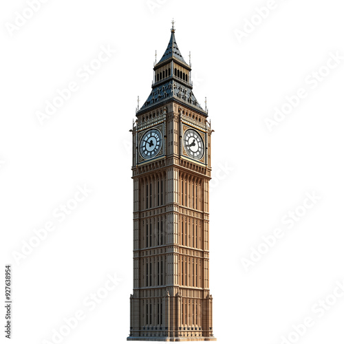 Big Ben clock tower in London, England. Isolated on transparent background, PNG