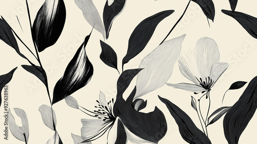 Minimalistic black and white seamless pattern featuring large floral leaves and abstract line work. The design is modern and stylish.