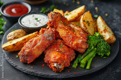 Juicy breaded fried Chicken wings with white sauce and red seasoning powder sprinkled, asparagus, broccoli, potato wedges, ketchup, Image for Menu design of bars, cafes, restaurants