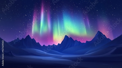 Vibrant aurora borealis illuminating a dark, mountainous landscape.