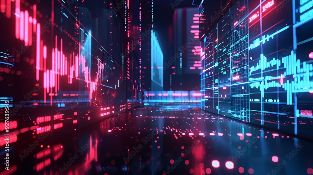 Abstract background with glowing lines and data displayed on screens. Abstract background with glowing lines and data displayed on screens.
