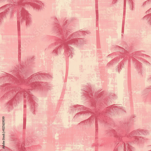 Tropical seamless pattern featuring pink palm trees on a textured light background, perfect for summery and exotic themes.