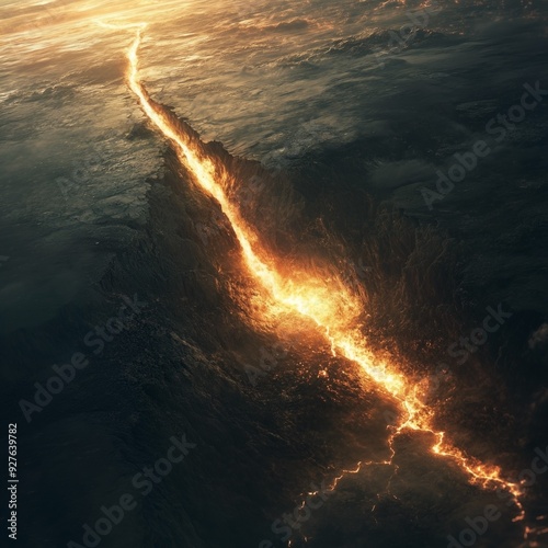 Aerial view of glowing fissure in the earth’s crust with lava illuminating dark surrounding landscape