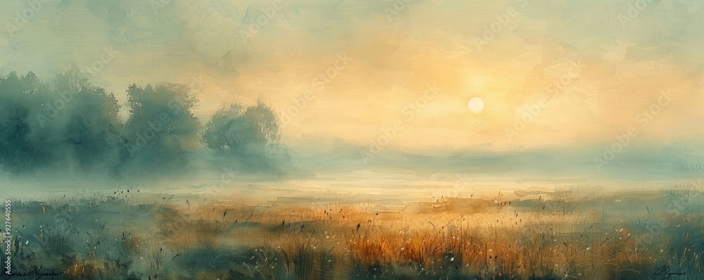 Fototapeta premium Watercolor abstract foggy morning in a meadow.