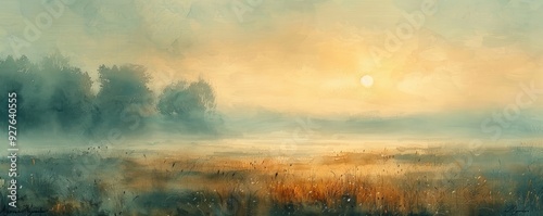 Panel kuchenny z motywem Watercolor abstract foggy morning in a meadow.