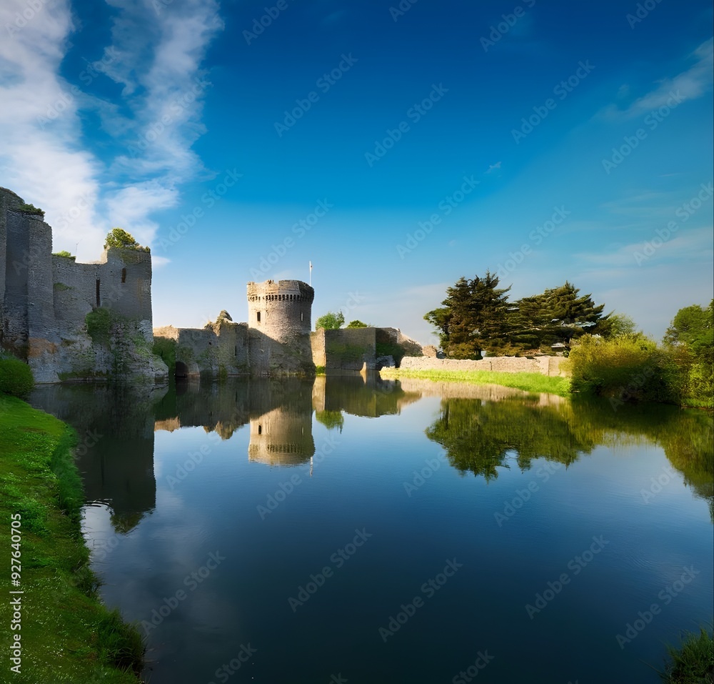 Lake landscape with reflection, shadow, trees and shadows, and a pond visible between the walls of the medieval castle of Portange is very realistic. Lake landscape with reflection, shadow, trees and shadows, and a pond visible between the walls of the medieval castle of Portange is very realistic.