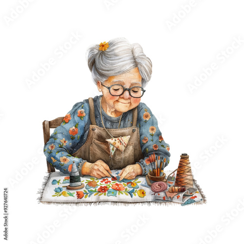 grandma embriodering vector illustration in watercolor style photo