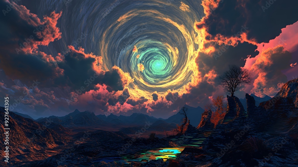 Fototapeta premium A swirling vortex of clouds over a rocky landscape with a single tree.