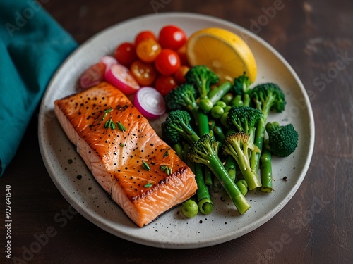 Roasted salmon steak with asparagos broccoli carrot tomatoes radish green beans and peas. Fish meal with fresh vegetable photo