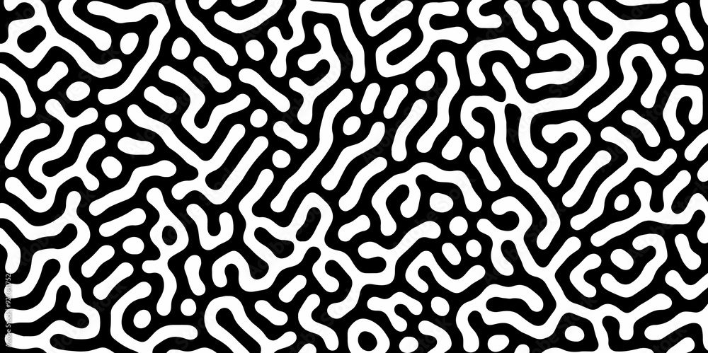 Fototapeta premium Abstract Turing organic wallpaper with background. Turing reaction diffusion monochrome seamless pattern with chaotic motion. Natural seamless line pattern. Linear design with biological shapes.