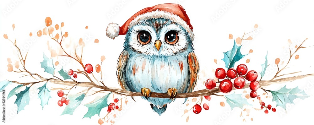 Obraz premium A charming owl wearing a Santa hat, perched on a branch with festive holly and berries, perfect for holiday celebrations.