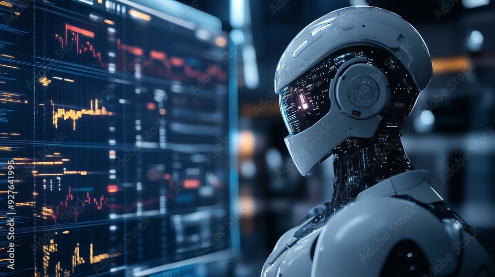 Futuristic robot with white helmet looks at data on computer screen. Futuristic robot with white helmet looks at data on computer screen.