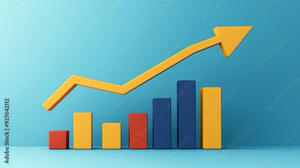 Colorful bar chart with an upward arrow indicating growth and progress in business and finance. Colorful bar chart with an upward arrow indicating growth and progress in business and finance.