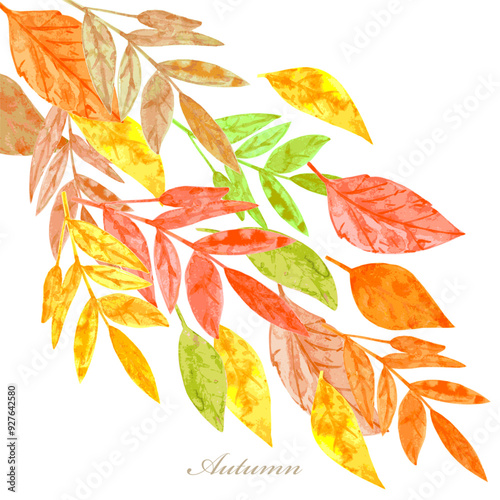 watercolor flying autumn colorful leaves. card with blowing bunch of fall leaves