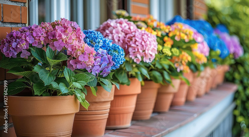 Wallpaper Mural The pot is filled with colorful hydrangeas, primrose flowers and other beautiful blossoms in an elegant row of clay pots on the porch. The flower arrangement adds color to home exterior decor. Torontodigital.ca