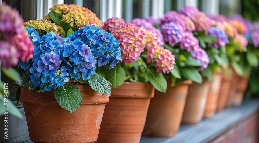 The pot is filled with colorful hydrangeas, primrose flowers and other beautiful blossoms in an elegant row of clay pots on the porch. The flower arrangement adds color to home exterior decor. The pot is filled with colorful hydrangeas, primrose flowers and other beautiful blossoms in an elegant row of clay pots on the porch. The flower arrangement adds color to home exterior decor.